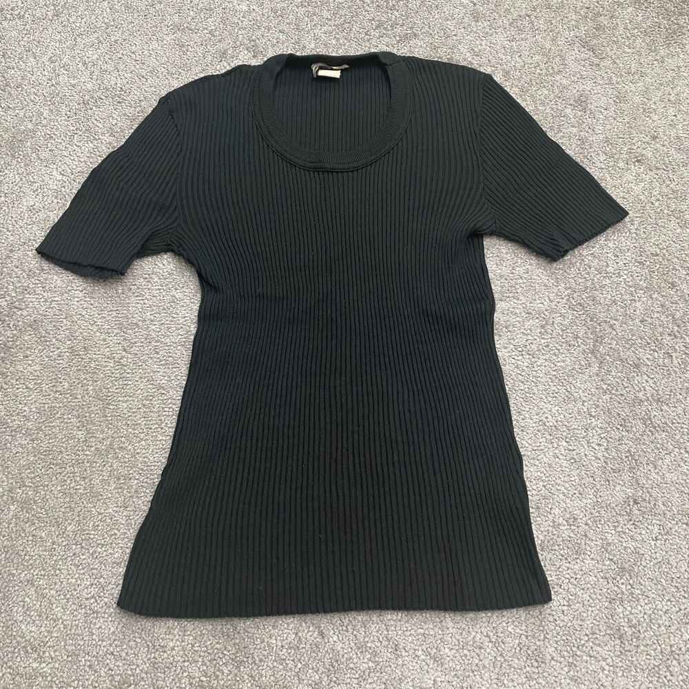 Bleeker Street Vintage Ribbed Knitted Top Womens Medium Black Nylon Short Sleeve